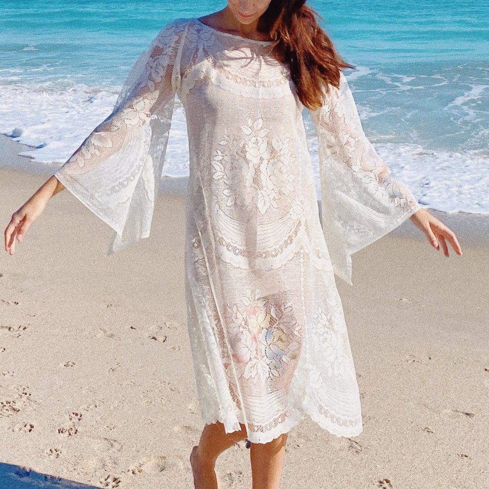 Vintage White Lace Sheer Bell Sleeve Floral Hippie Midi Dress - Picture 12 of 12